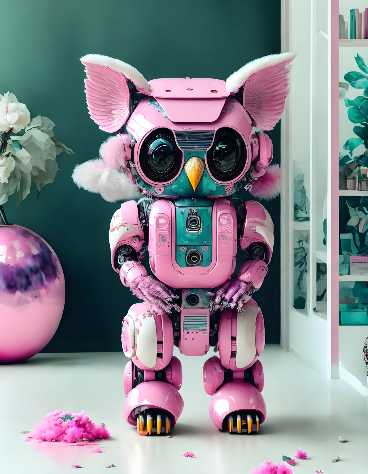 Pink Mechanical Owl in Pastel Room with Feathers