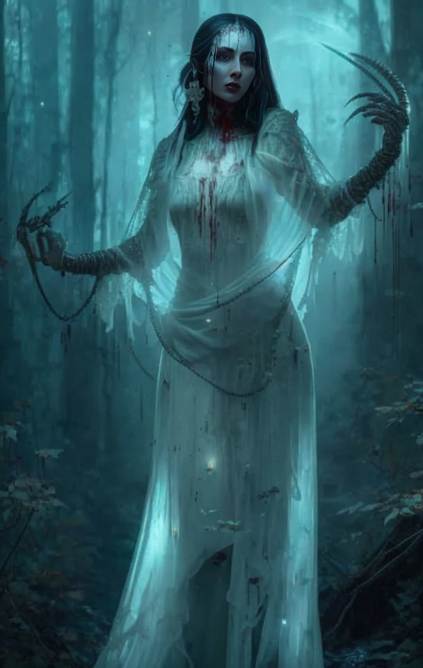 Pale-skinned ghostly figure in misty forest with red eyes and tattered white dress