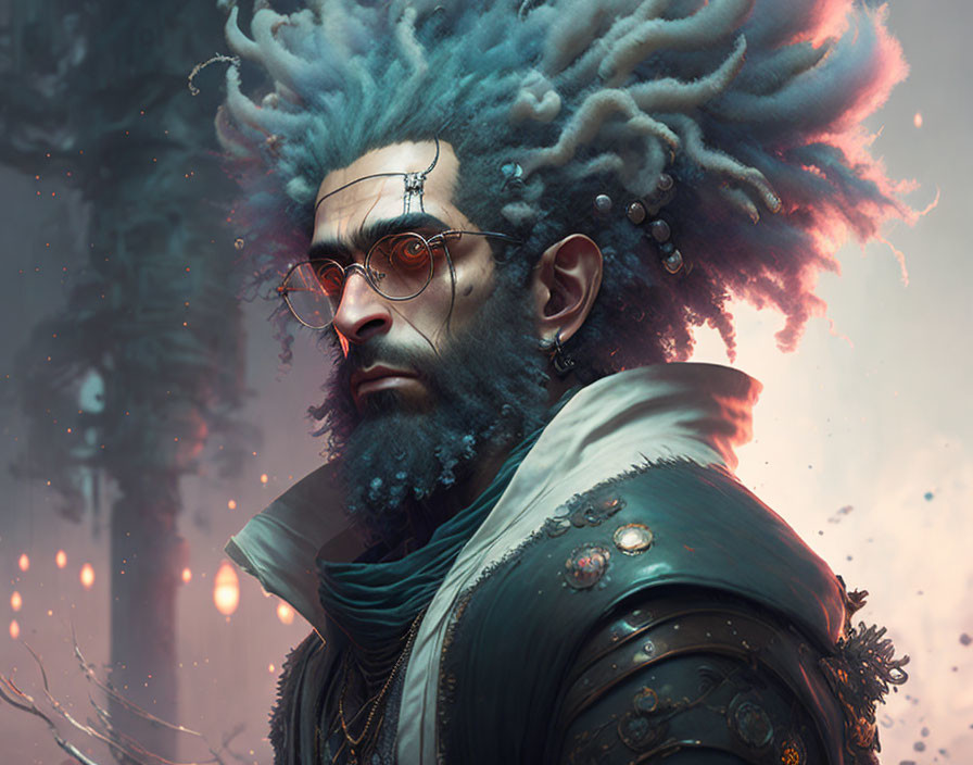 Man with Blue Smoke-Like Hair, Glasses, and Intricate Clothing in Enigmatic Expression against Mist