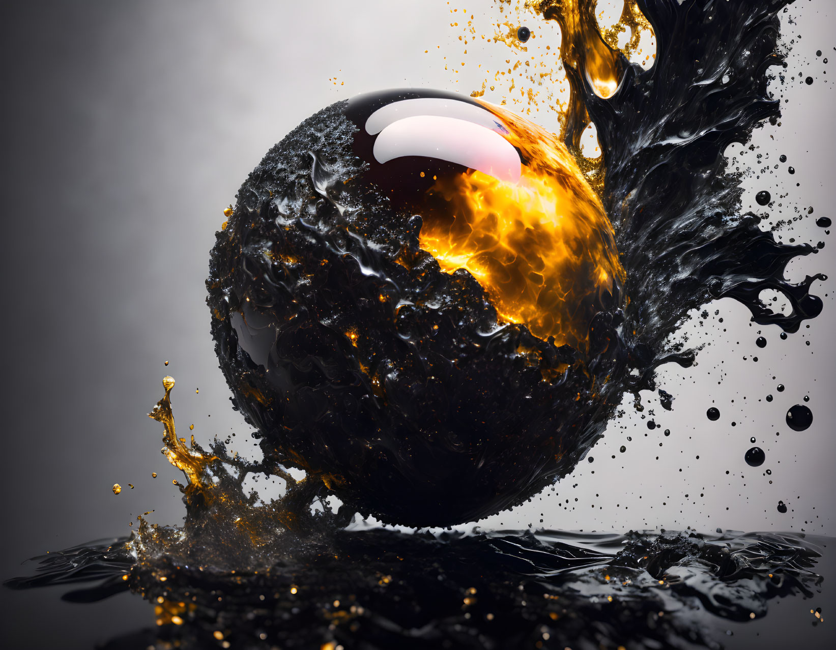 3D illustration of black sphere with lava texture splashing into liquid