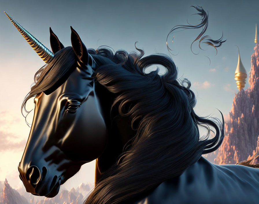 Majestic black unicorn with shimmering horn and castle at sunset