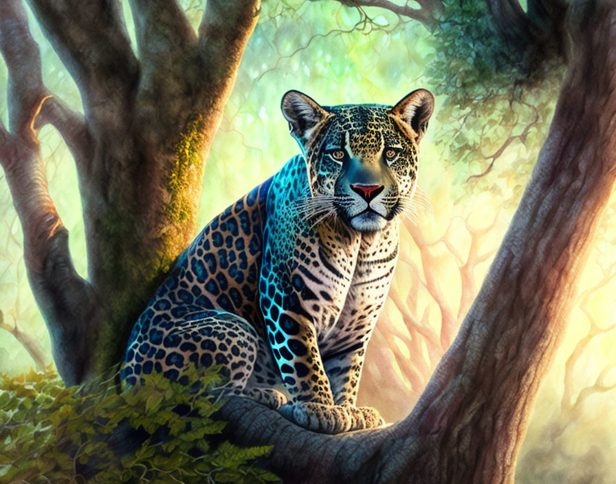 Majestic leopard resting on sunlit tree branch in forest