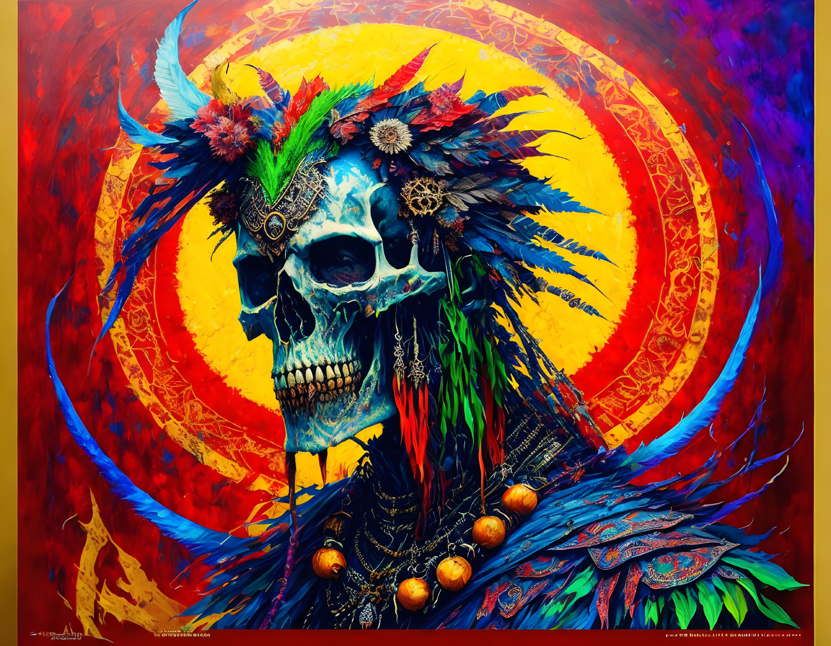 Colorful skeletal figure with feathers and beads on fiery red backdrop