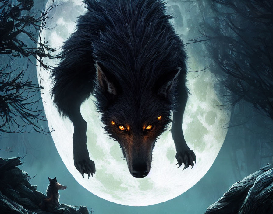 Menacing wolf with glowing eyes under full moon, smaller wolf nearby