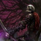 Skeleton warrior in black armor with red cloak and sword in front of dark purple-tinged trees