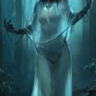 Pale-skinned ghostly figure in misty forest with red eyes and tattered white dress