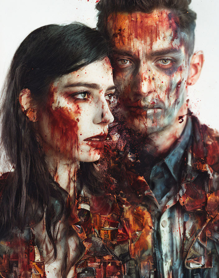 Portrait of Woman and Man with Smudged Paint for Haunting Artistic Effect