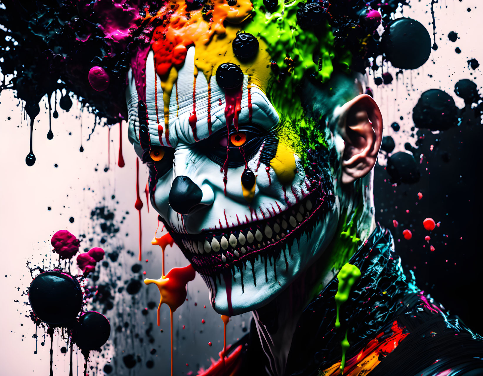 Sinister clown face splattered with colorful ink on dark background