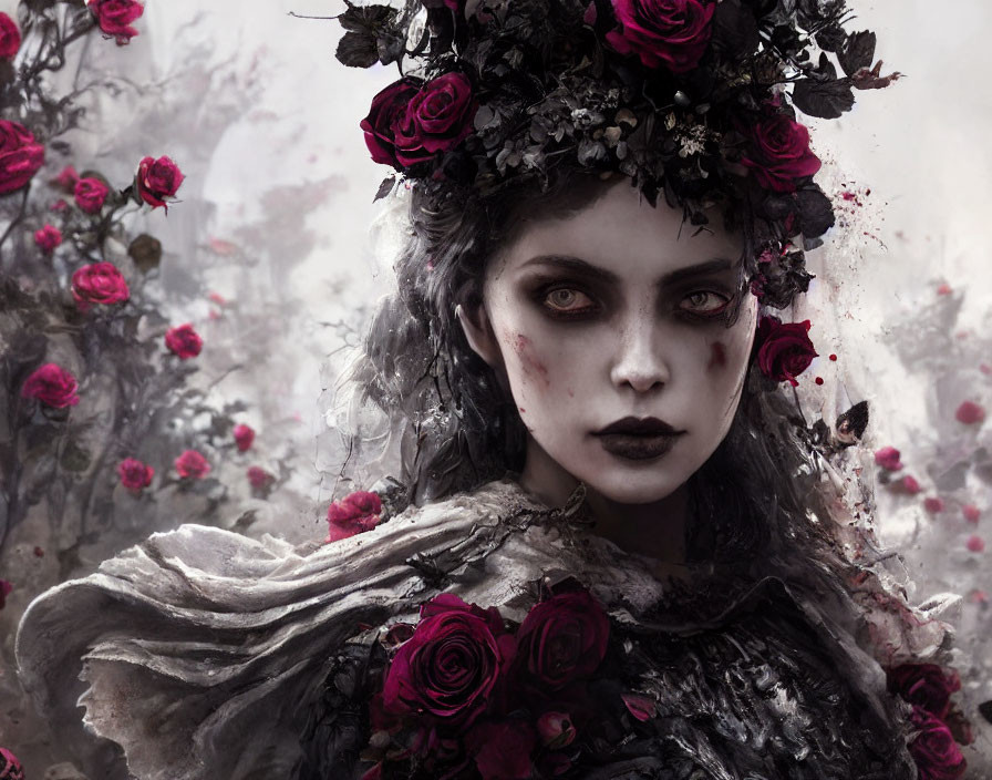 Gothic figure in black rose crown and dark makeup in misty rose-filled setting