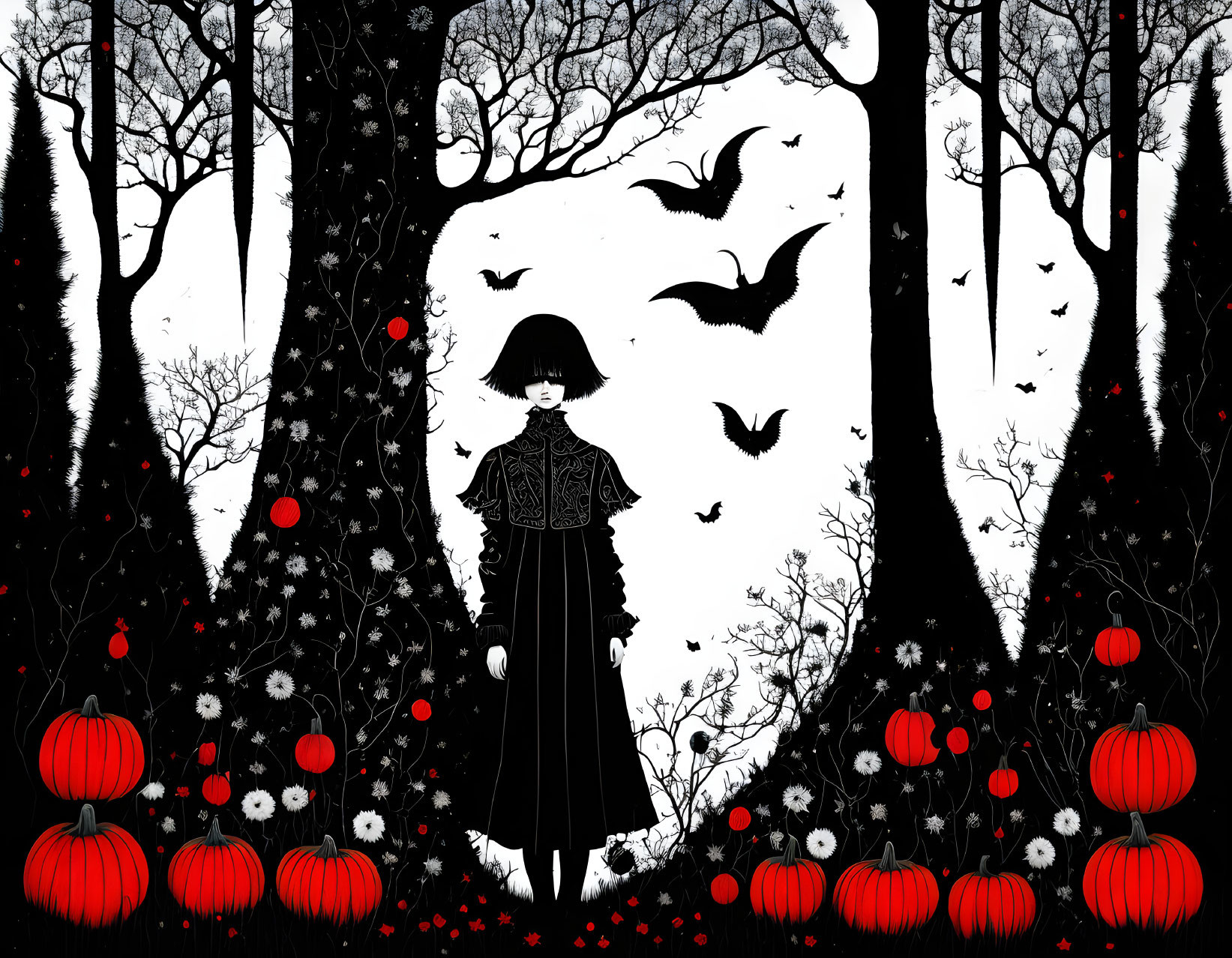 Monochrome gothic illustration of person in dark outfit among trees, red flowers, and pumpkins with