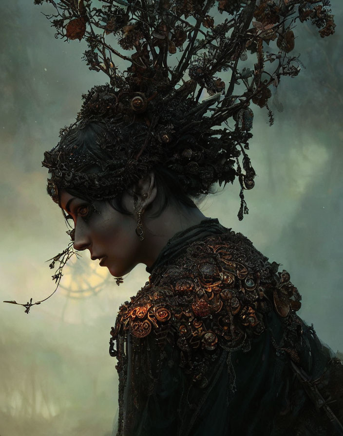 Profile view of person with tree-like headgear adorned with dried roses against misty backdrop