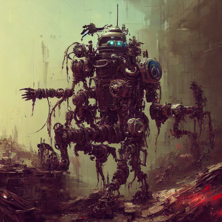 Detailed Dystopian Robot Amidst Ruined Cityscape