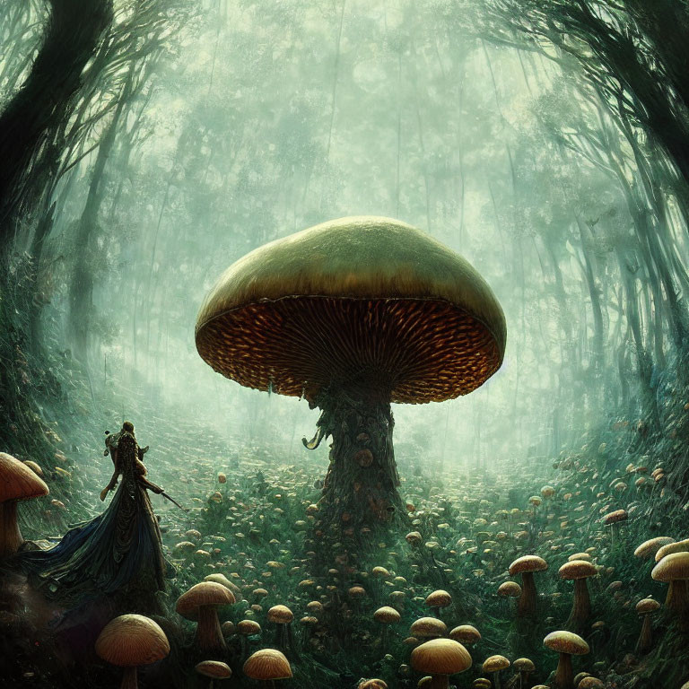 Enigmatic forest scene with giant mushroom, smaller mushrooms, and cloaked figure