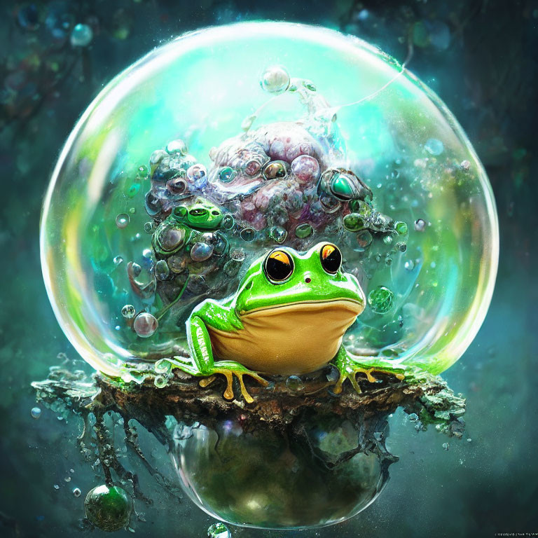 Green frog in bubble on wet branch with misty backdrop
