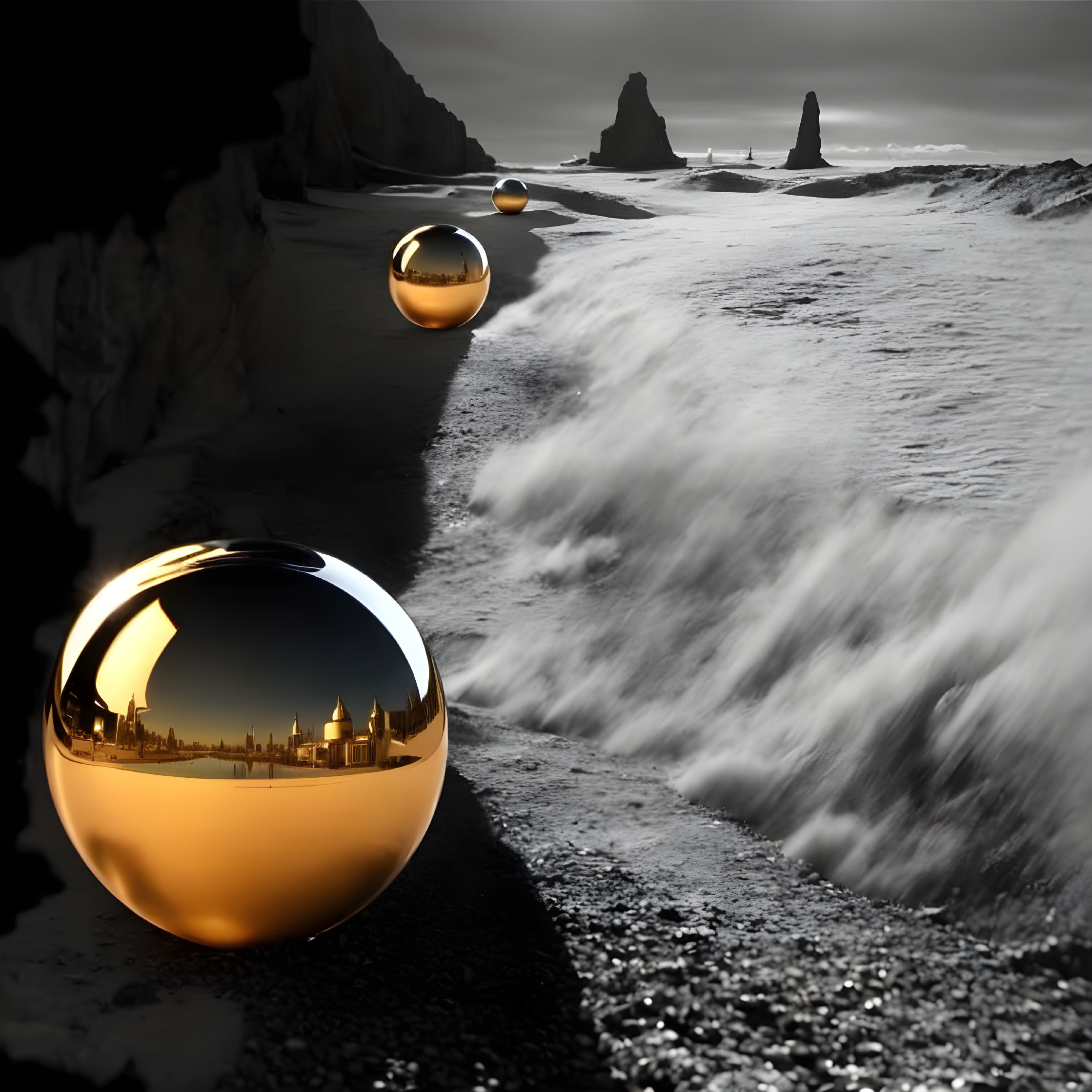 Golden Cityscape Reflections in Monochrome Beach Spheres