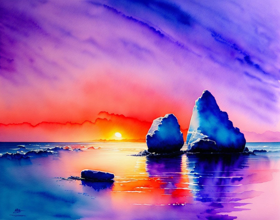 Colorful Watercolor Painting of Sunset Over Silhouetted Rock Formations