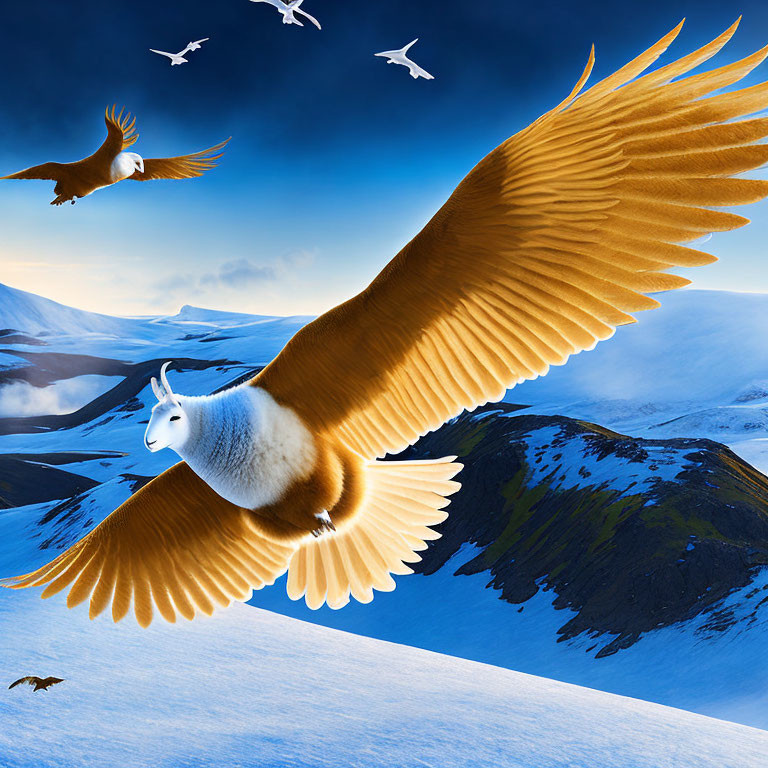 Surreal image: Eagle with white cat head flying over snowy mountains