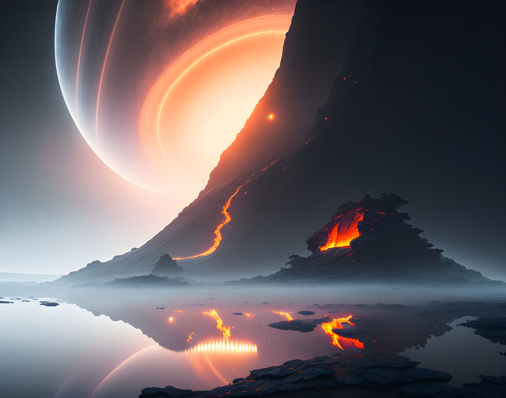 Surreal landscape with giant ringed planet, lava flows, and fiery sky