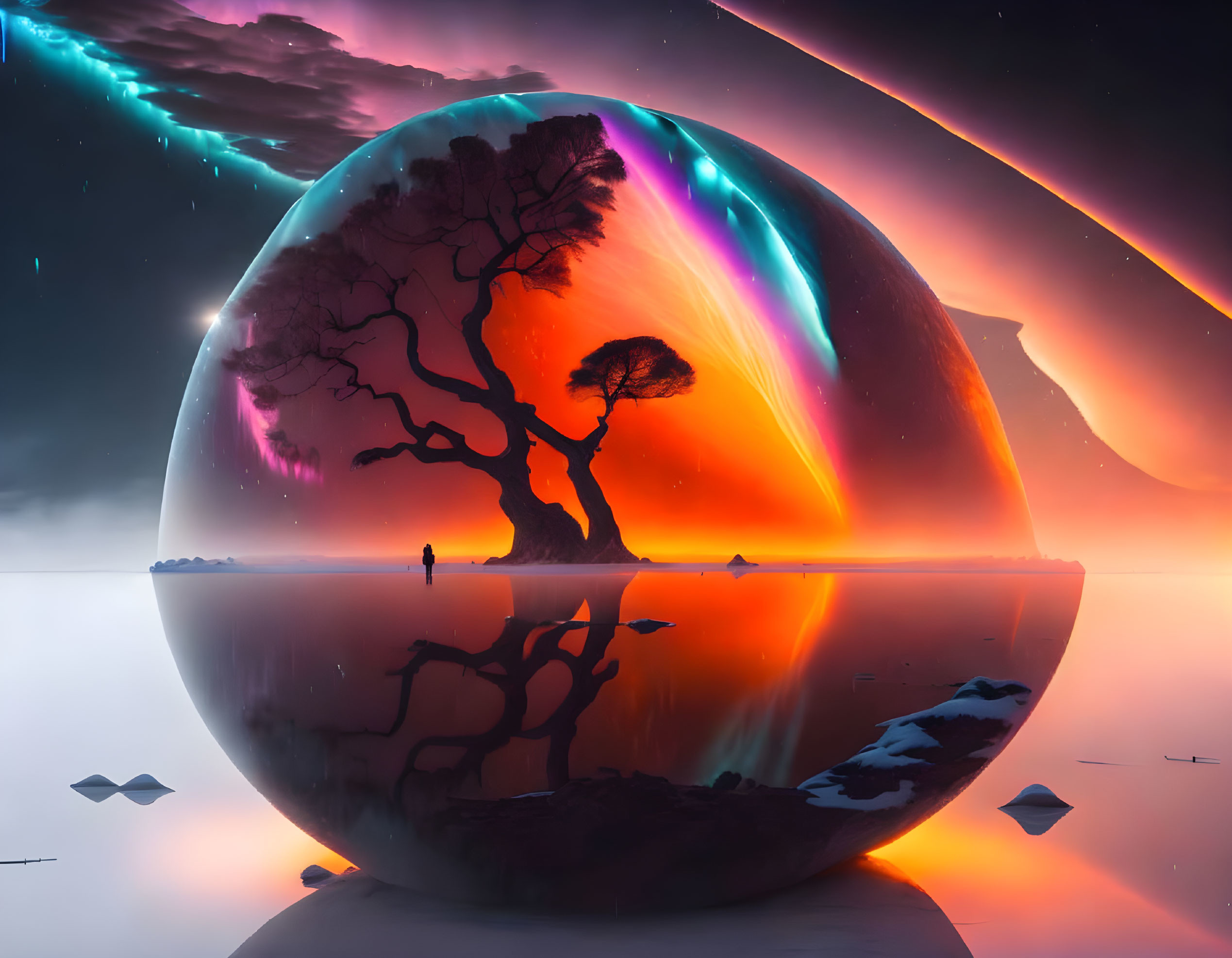 Silhouette of person with sunset sphere and lone tree in surreal landscape