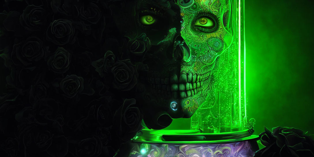 Half-skull with intricate designs, green light, and dark roses create gothic scene