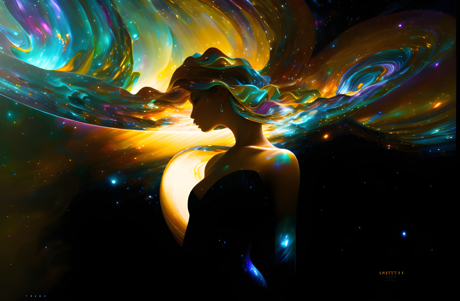 Silhouetted Figure in Vibrant Cosmic Digital Art