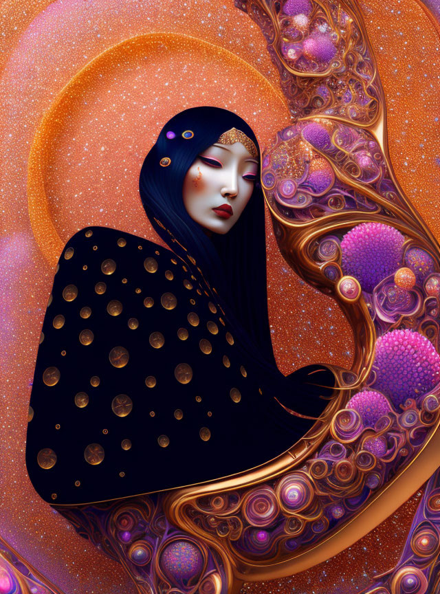 Illustrated woman with black hair in cosmic-themed artwork.