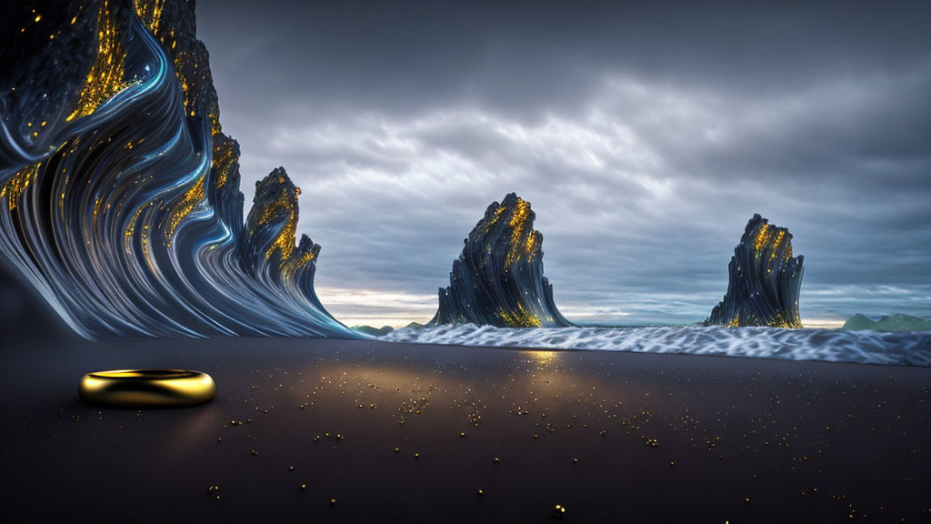 Surreal landscape: flowing rock formations, sparkled beach, ring, ominous cloudy sky