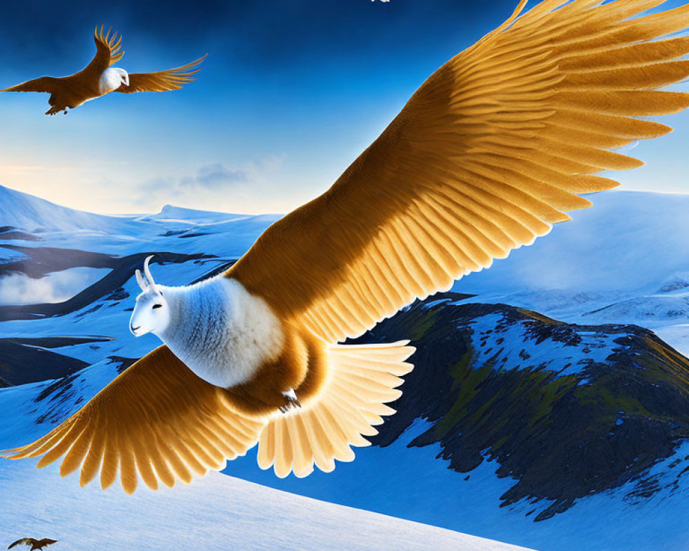 Surreal image: Eagle with white cat head flying over snowy mountains