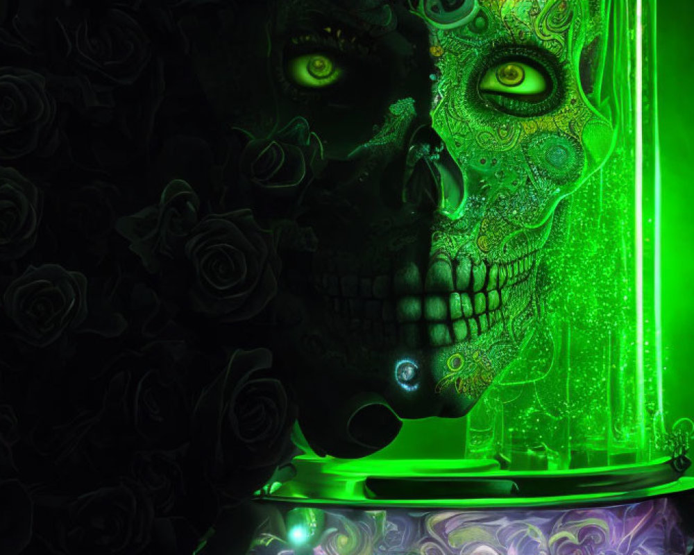 Half-skull with intricate designs, green light, and dark roses create gothic scene