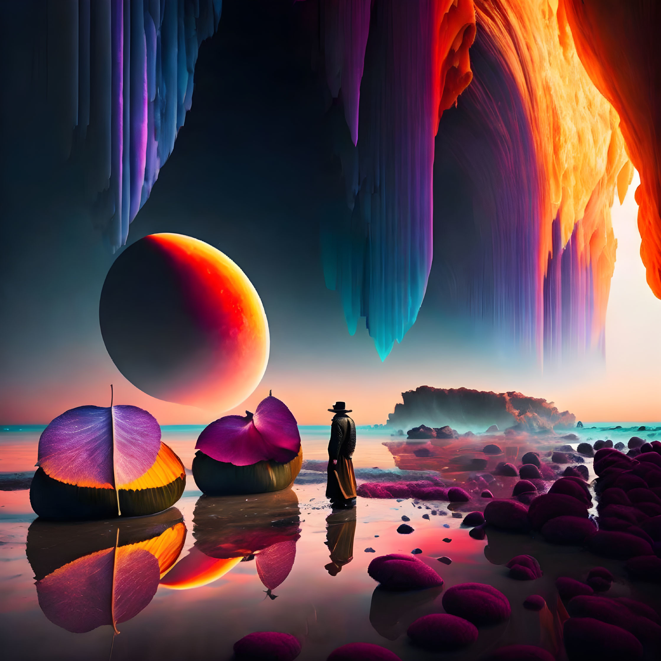 Person on surreal beach with giant shells, vibrant cavern, and large moon