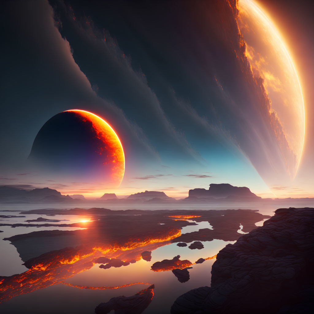 Sci-fi landscape with large planet, moon, and glowing lava-like illumination