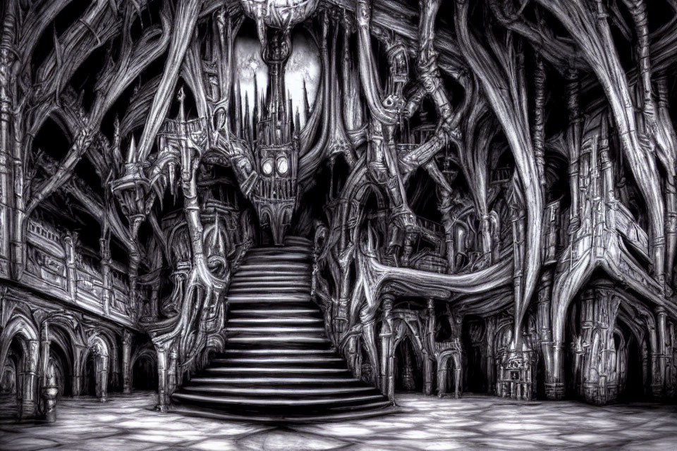 Monochrome gothic interior with elaborate staircase and twisted structures