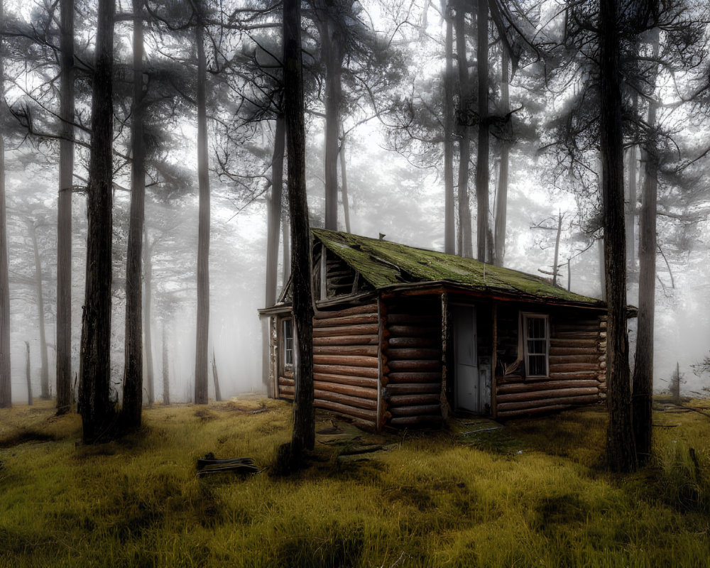 Desolate log cabin in misty forest with moss and fog.