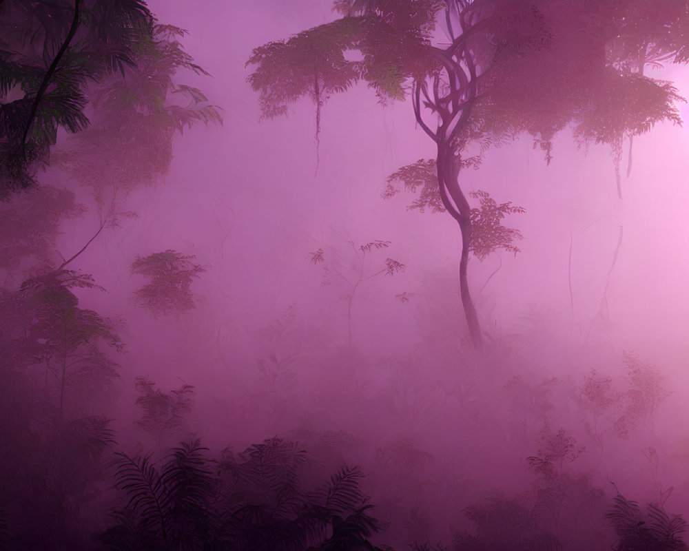 Twilight misty forest with purple silhouettes of trees