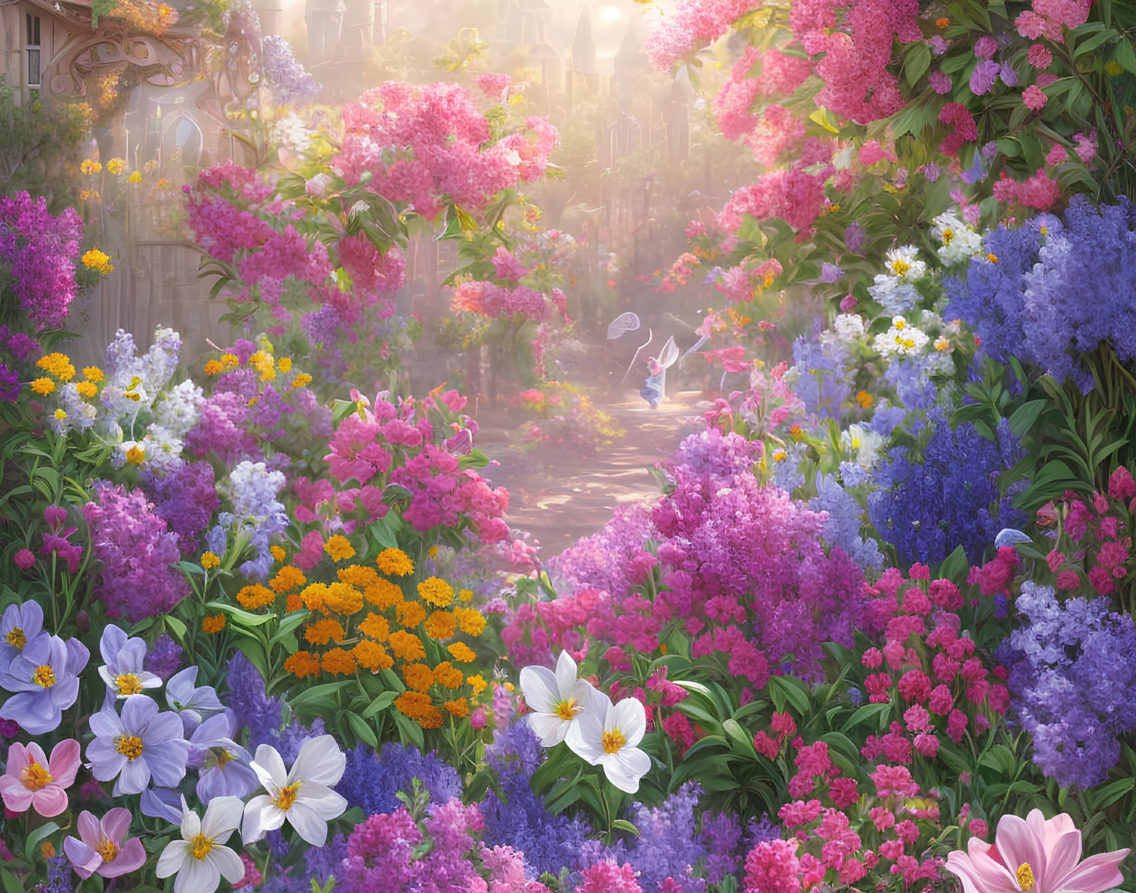 Colorful Flower-Lined Garden Path with Butterflies in Soft Sunlight