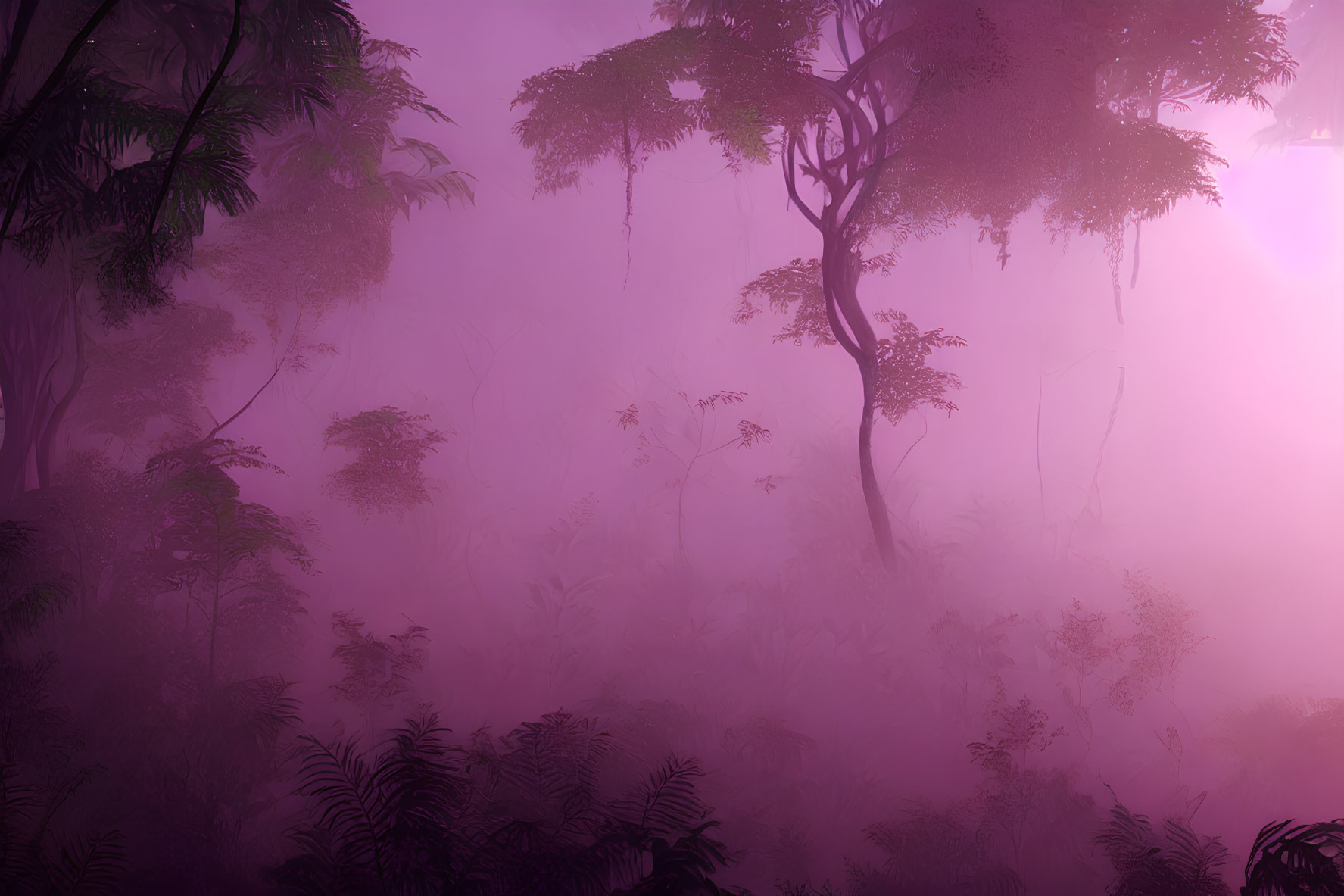 Twilight misty forest with purple silhouettes of trees