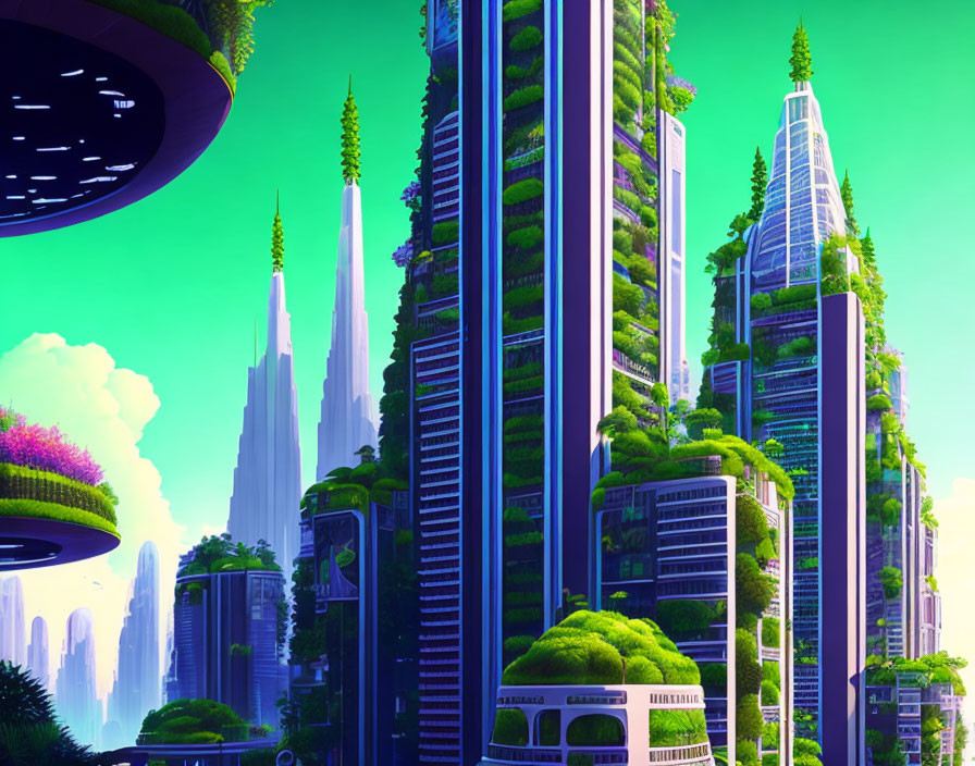 Vibrant greenery in futuristic cityscape with high-rise buildings and floating structures