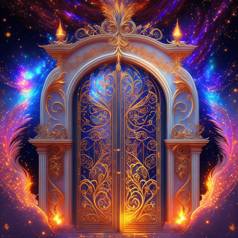 Intricate Golden Door Against Cosmic Background