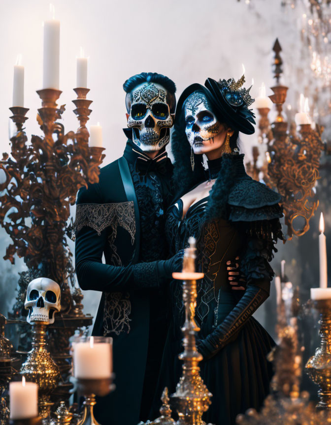 Elaborate Day of the Dead makeup and costumes with gothic elegance