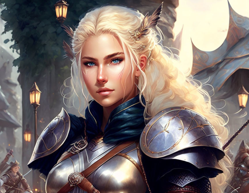 Fantasy female warrior digital illustration in silver armor.