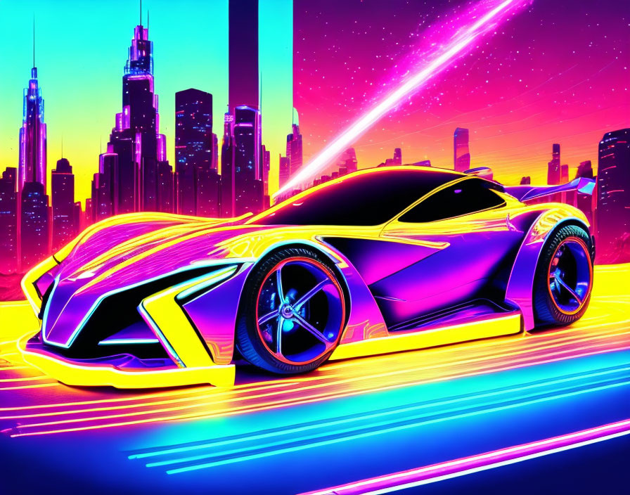 Futuristic car in vibrant purple and yellow hues in neon-lit cityscape