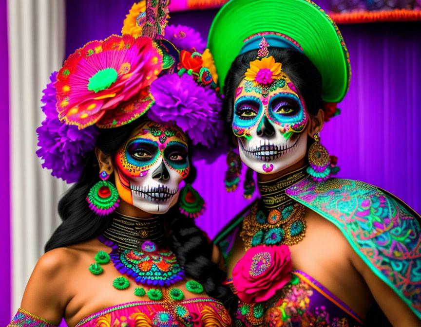 Vibrant Day of the Dead makeup and floral headpieces on two individuals in traditional attire