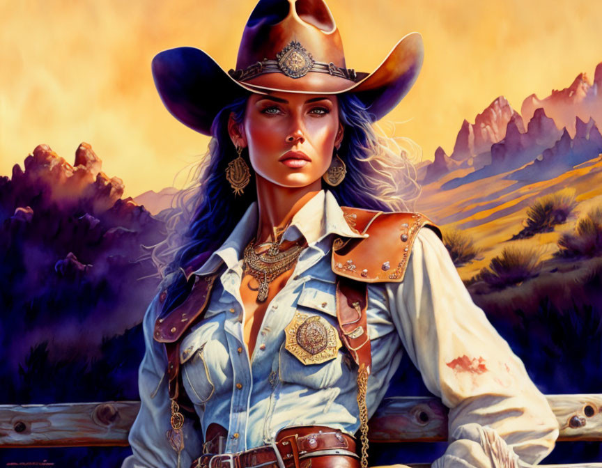 Cowgirl in cowboy hat with desert mountain backdrop