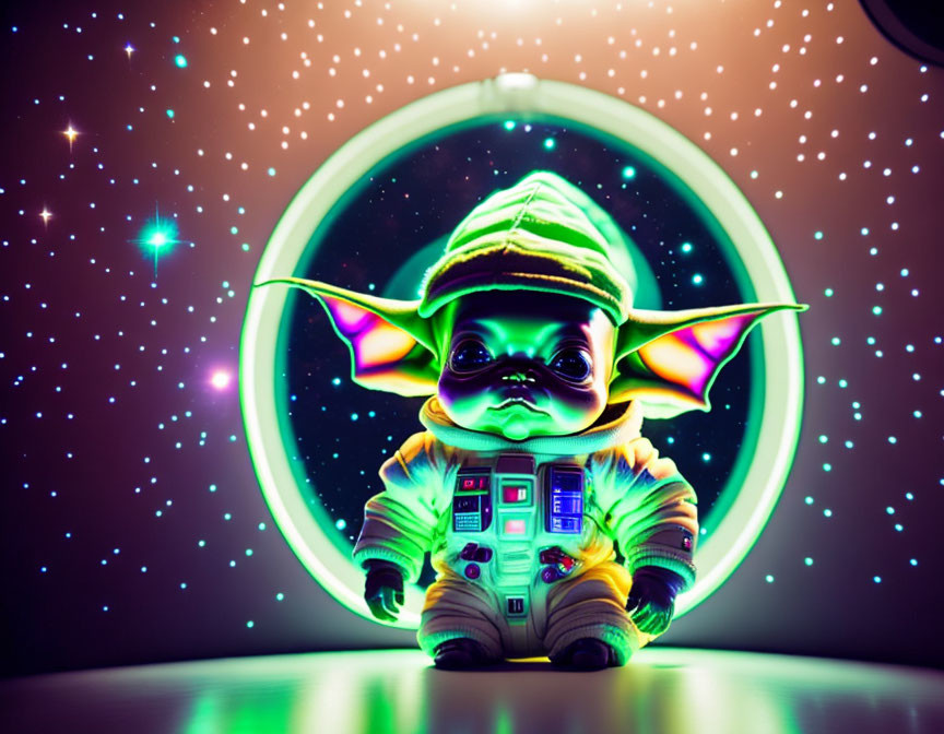 Character in futuristic space suit with neon ring backdrop