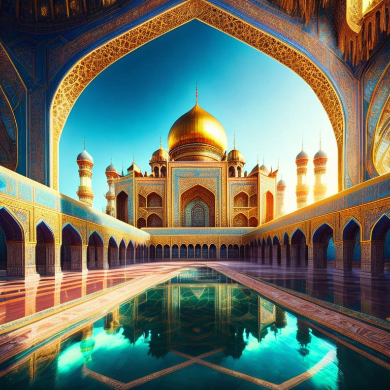 Golden-domed mosque with blue tilework reflected in water.