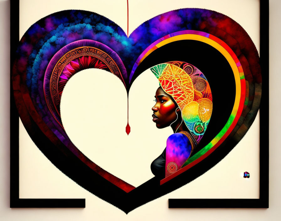 Vibrant digital art: woman's profile in heart shape with patterns and blood drop.