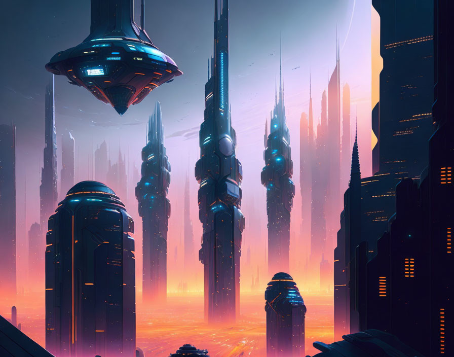 Futuristic cityscape with skyscrapers, flying vehicles, warm color palette