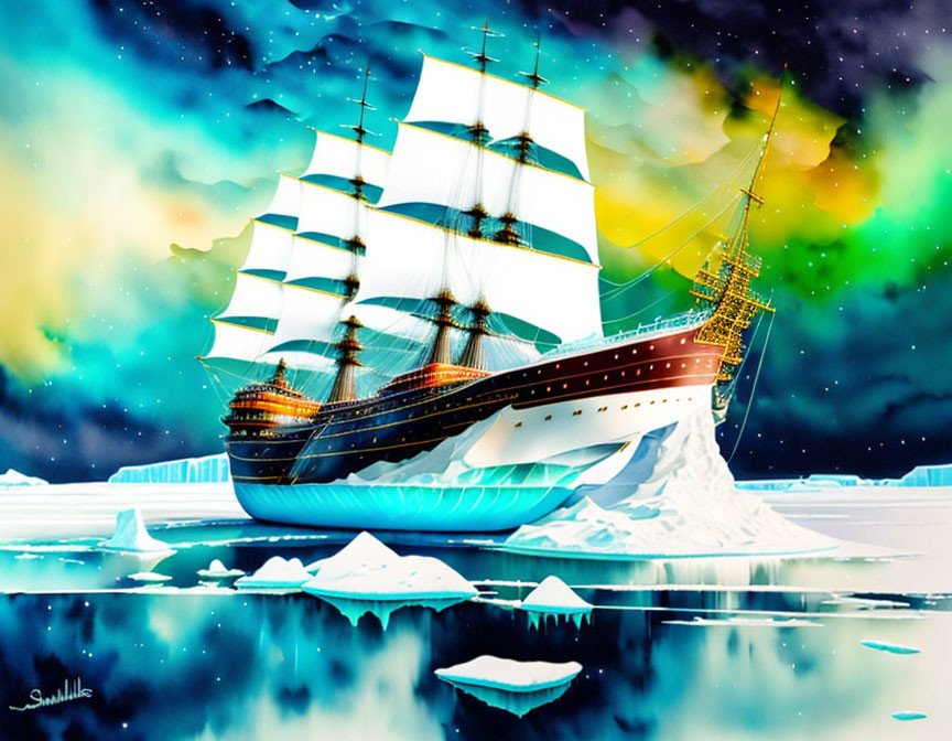 Detailed Arctic sailing ship illustration with illuminated windows and starry sky backdrop.