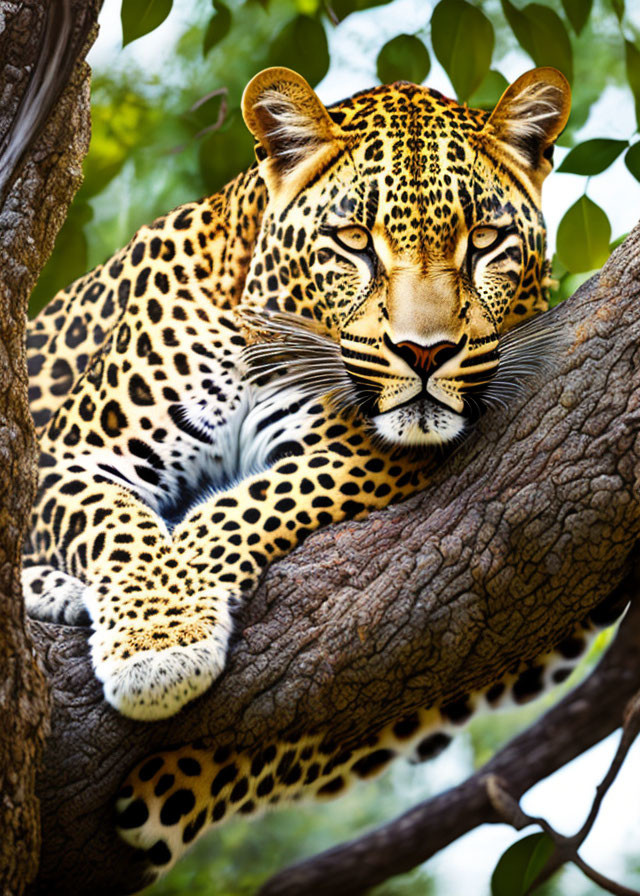 Majestic leopard resting on tree branch in lush green setting