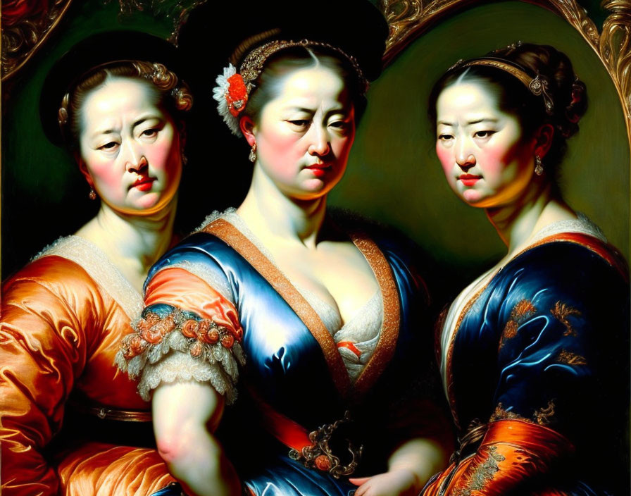 Three women in opulent historical dresses with elaborate hairstyles and stylized makeup.